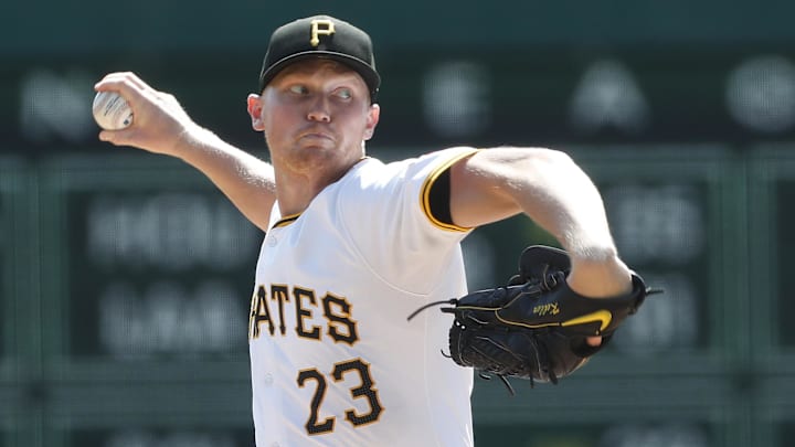 Sep 14, 2024; Pittsburgh, Pennsylvania, USA;  Pittsburgh Pirates starting pitcher Mitch Keller (23) delivers a pitch against the Kansas City Royals during the first inning at PNC Park. Mandatory Credit: Charles LeClaire-Imagn Images