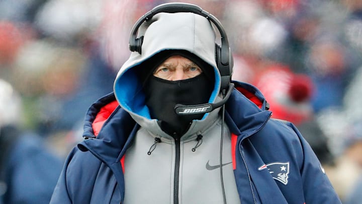 Dec 31, 2017; Foxborough, MA, USA; New England Patriots head coach Bill Belichick during the second quarter against the New York Jets at Gillette Stadium. Mandatory Credit: Winslow Townson-Imagn Images