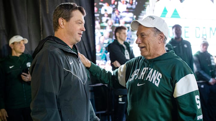 MSU men's basketball head coach Tom Izzo talks to hockey head coach Adam Nightingale during Izzone Campout at Munn Field near Breslin Center in East Lansing on Friday, Oct. 6, 2023. MSU men's basketball head coach Tom Izzo talks to hockey head coach Adam Nightingale during Izzone Campout at Munn Field near Breslin Center in East Lansing on Friday, Oct. 6, 2023.