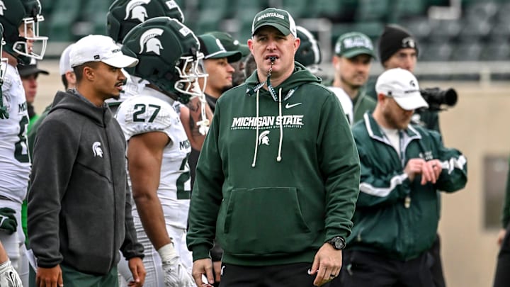 Michigan State's head coach Pat Fitzgerald looks on during the football Spring Showcase on Saturday, April 18, 2026, at Spartan Stadium in East Lansing.