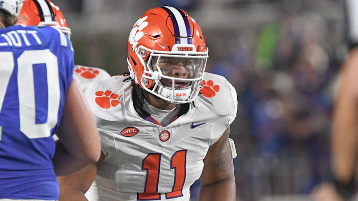 Sep 4, 2023; Durham, North Carolina, USA; Clemson defensive lineman Peter Woods (11) during the first quarter of the season opening game at Wallace Wade Stadium in Durham, N.C. Monday, Sept 4, 2023. Mandatory Credit: Ken Ruinard-Imagn Images
