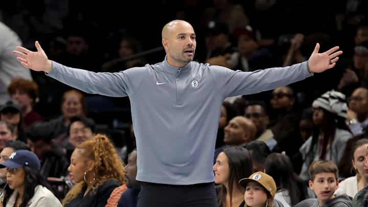 Nov 28, 2025; Brooklyn, New York, USA; Brooklyn Nets head coach Jordi Fernandez coaches against the Philadelphia 76ers during the fourth quarter at Barclays Center. Mandatory Credit: Brad Penner-Imagn Images