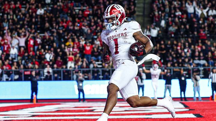 Oct 3, 2026; Piscataway, New Jersey, USA; Indiana Hoosiers running back Turbo Richard (1) scores a on touchdown reception during the first half against the Rutgers Scarlet Knights at SHI Stadium. Mandatory Credit: Vincent Carchietta-Imagn Images