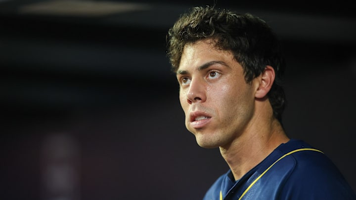 Jul 28, 2023; Atlanta, Georgia, USA; Milwaukee Brewers designated hitter Christian Yelich (22) in