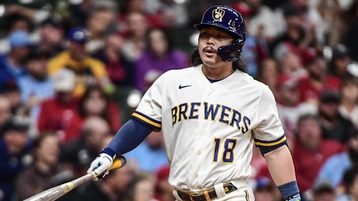 Sep 28, 2022; Milwaukee, Wisconsin, USA; Milwaukee Brewers designated hitter Keston Hiura (18) walks