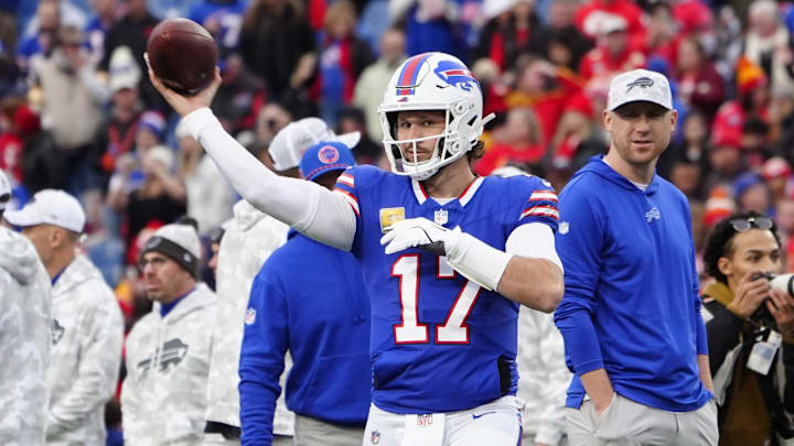 Nov 17, 2024; Buffalo Bills quarterback Josh Allen warms up at Highmark Stadium. 