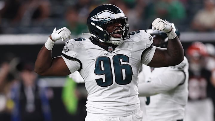 Aug 7, 2025; Philadelphia, Pennsylvania, USA; Philadelphia Eagles defensive tackle Gabe Hall (96) reacts against the Cincinnati Bengals at Lincoln Financial Field.