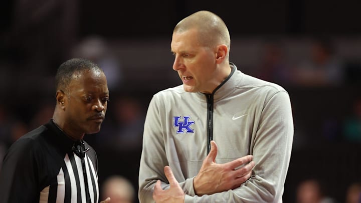 Kentucky head coach Mark Pope argues a call during the first half of a NCAA mens basketball game at Steven C. O'Connell Center Exactek arena in Gainesville, FL on Saturday, February 14, 2026. [Alan Youngblood/Gainesville Sun]