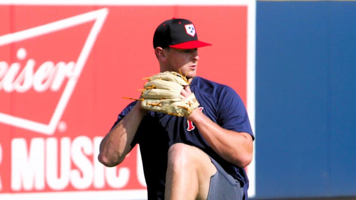 Milwaukee Brewers pitching prospect Craig Yoho warms up in the outfield prior to a game with the Class AAA Nashville Sounds at First Horizon Park.