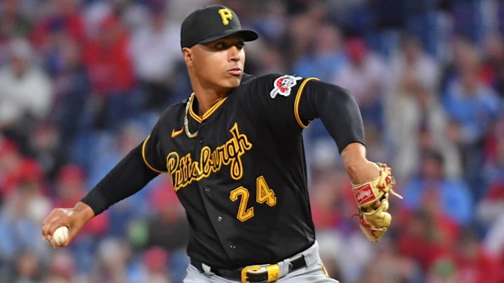 Sep 27, 2023; Philadelphia, Pennsylvania, USA; Pittsburgh Pirates starting pitcher Johan Oviedo (24) throws a pitch during the second inning against the Philadelphia Phillies at Citizens Bank Park. Mandatory Credit: Eric Hartline-Imagn Images