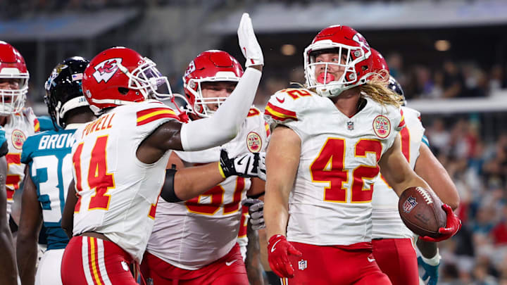 Aug 10, 2024; Jacksonville, Florida, USA; Kansas City Chiefs running back Carson Steele (42) celebrates after scoring a touchdown against the Jacksonville Jaguars in the second quarter during preseason at EverBank Stadium. Mandatory Credit: Nathan Ray Seebeck-Imagn Images