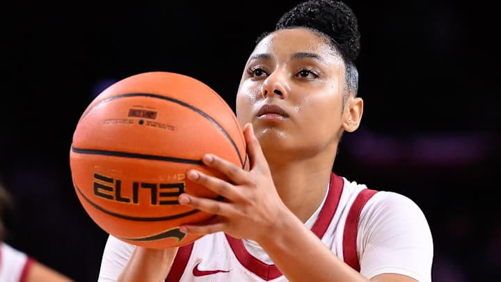 USC Trojans guard JuJu Watkins (12) shoots a free throw during the third quarter against the Ohio State Buckeyes at Galen Center. USC Trojans guard JuJu Watkins (12) shoots a free throw during the third quarter against the Ohio State Buckeyes at Galen Center.