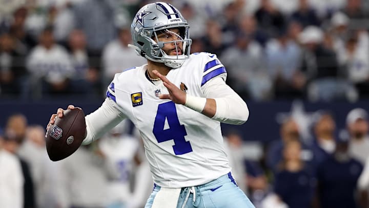 Jan 14, 2024; Arlington, Texas, USA; Dallas Cowboys quarterback Dak Prescott (4) drops back to pass against the Green Bay Packers in the first half of the 2024 NFC wild card game at AT&T Stadium. Mandatory Credit: Kevin Jairaj-USA TODAY Sports