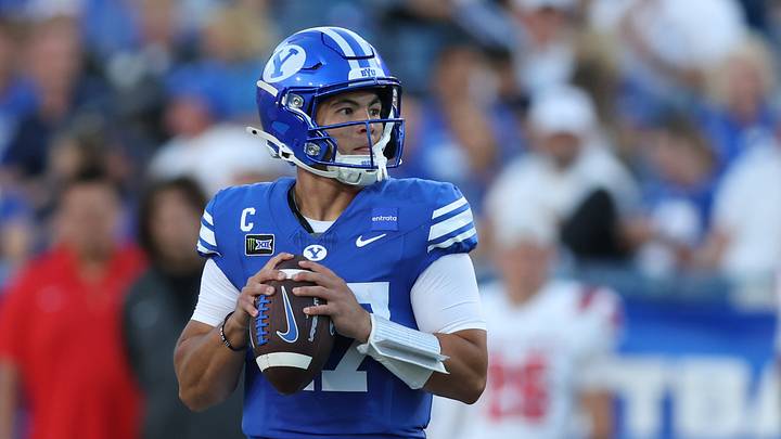 Sep 5, 2026; Provo, Utah, USA;  BYU Cougars quarterback Bear Bachmeier (47) drops back to pass against the Utah Tech Trailblazers during the second quarter at LaVell Edwards Stadium.  Mandatory Credit: Rob Gray-Imagn Images