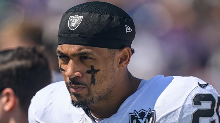 Sep 15, 2024; Baltimore, Maryland, USA; Las Vegas Raiders safety Isaiah Pola-Mao (20) looks on before the game against the Baltimore Ravens at M&T Bank Stadium. Mandatory Credit: Reggie Hildred-Imagn Images