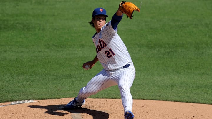 Sep 18, 2025; New York City, New York, USA; New York Mets starting pitcher Jonah Tong (21) pitches against the San Diego Padres during the second inning at Citi Field. Mandatory Credit: Brad Penner-Imagn Images
