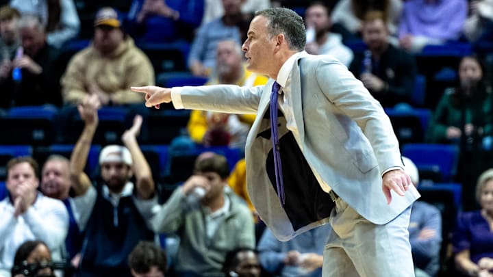 Dec 3, 2024; Baton Rouge, Louisiana, USA;  LSU Tigers head coach Matt McMahon gives direction against the Florida State Seminoles during the first half at Pete Maravich Assembly Center. Mandatory Credit: Stephen Lew-Imagn Images