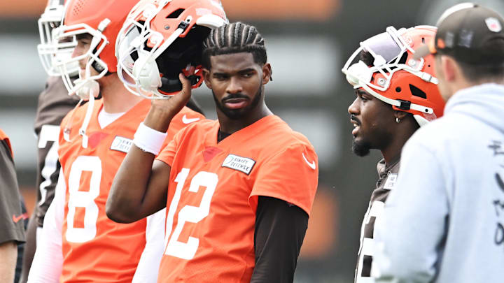 Jun 12, 2025; Berea, OH, USA; Cleveland Browns quarterback Shedeur Sanders (12) listens to a play call during mini camp at CrossCountry Mortgage Campus. Mandatory Credit: Ken Blaze-Imagn Images Jun 12, 2025; Berea, OH, USA; Cleveland Browns quarterback Shedeur Sanders (12) listens to a play call during mini camp at CrossCountry Mortgage Campus. Mandatory Credit: Ken Blaze-Imagn Images