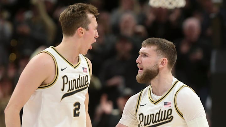 Purdue Boilermakers guard Fletcher Loyer (2) and Purdue Boilermakers guard Braden Smith (3) celebrate Purdue Boilermakers guard Fletcher Loyer (2) and Purdue Boilermakers guard Braden Smith (3) celebrate
