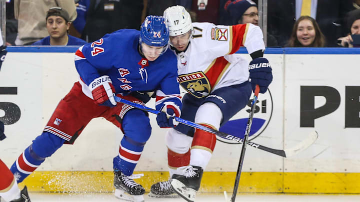 Mar 4, 2024; New York, New York, USA;  New York Rangers right wing Kaapo Kakko (24) and Florida