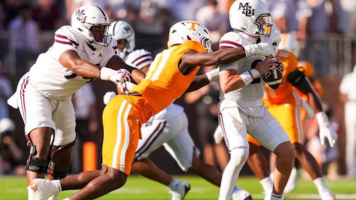 Tennessee defensive lineman Caleb Herring (31) sacks Mississippi State quarterback Blake Shapen (2) during a college football game between Tennessee and Mississippi State at Davis Wade Stadium in Starkville, Miss., on Sept. 27, 2025.