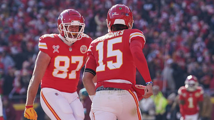 Patrick Mahomes made sure to grab the football after Travis Kelce tied the Chiefs' franchise touchdown record. 