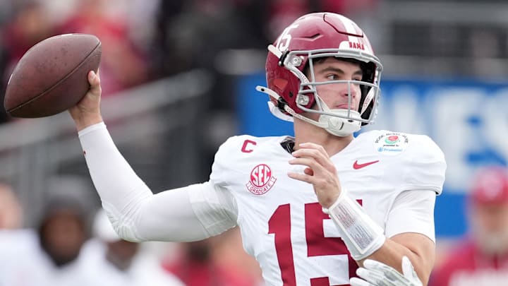 Jan 1, 2026; Pasadena, CA, USA; Alabama Crimson Tide quarterback Ty Simpson (15) passes against the Indiana Hoosiers in the first half of the 2026 Rose Bowl and quarterfinal game of the College Football Playoff at Rose Bowl Stadium. Mandatory Credit: Kirby Lee-Imagn Images Jan 1, 2026; Pasadena, CA, USA; Alabama Crimson Tide quarterback Ty Simpson (15) passes against the Indiana Hoosiers in the first half of the 2026 Rose Bowl and quarterfinal game of the College Football Playoff at Rose Bowl Stadium. Mandatory Credit: Kirby Lee-Imagn Images