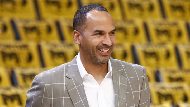 Apr 18, 2025; Memphis, Tennessee, USA; Dallas Mavericks general manager Nico Harrison watches warm ups prior to a game against the Memphis Grizzlies at FedExForum. Mandatory Credit: Petre Thomas-Imagn Images