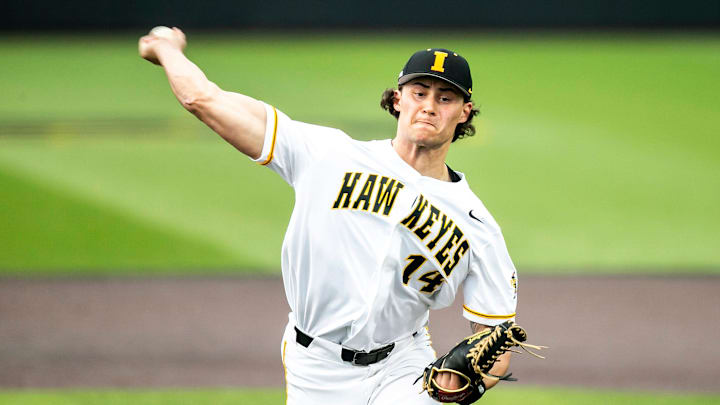 Iowa's Brody Brecht delivers a pitch during a NCAA Big Ten Conference baseball game against Ohio