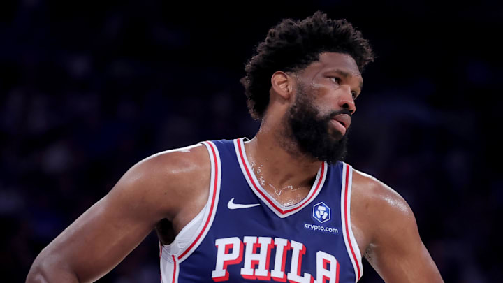 May 4, 2026; New York, New York, USA; Philadelphia 76ers center Joel Embiid (21) reacts during the first quarter of game one of the eastern conference semifinal round of the 2026 NBA Playoffs against the New York Knicks at Madison Square Garden. Mandatory Credit: Brad Penner-Imagn Images May 4, 2026; New York, New York, USA; Philadelphia 76ers center Joel Embiid (21) reacts during the first quarter of game one of the eastern conference semifinal round of the 2026 NBA Playoffs against the New York Knicks at Madison Square Garden. Mandatory Credit: Brad Penner-Imagn Images