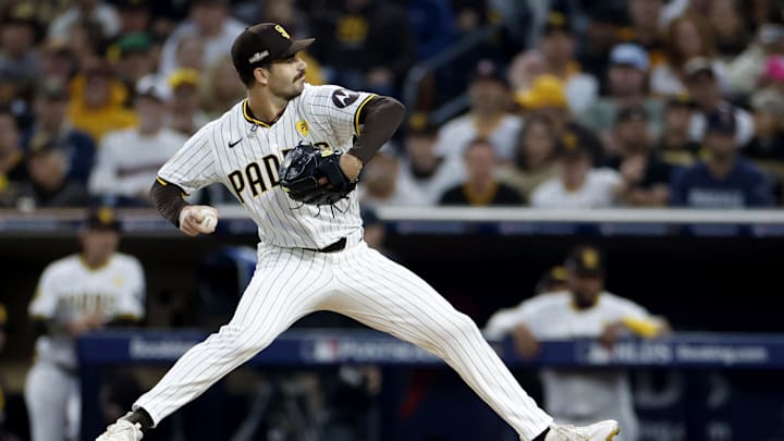 Oct 9, 2024; San Diego, California, USA; San Diego Padres pitcher Dylan Cease (84) throws in the second inning against the Los Angeles Dodgers during game four of the NLDS for the 2024 MLB Playoffs at Petco Park. Oct 9, 2024; San Diego, California, USA; San Diego Padres pitcher Dylan Cease (84) throws in the second inning against the Los Angeles Dodgers during game four of the NLDS for the 2024 MLB Playoffs at Petco Park.