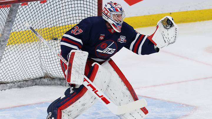 Former Winnipeg Jets goaltender Connor Hellebuyck, now a member of the New Jersey Devils