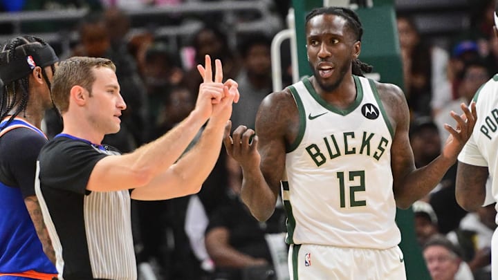 Oct 28, 2025; Milwaukee, Wisconsin, USA; Milwaukee Bucks guard Taurean Prince (12) reacts to a foul call by referee Brandon Schwab in the second quarter at Fiserv Forum. Mandatory Credit: Benny Sieu-Imagn Images Oct 28, 2025; Milwaukee, Wisconsin, USA; Milwaukee Bucks guard Taurean Prince (12) reacts to a foul call by referee Brandon Schwab in the second quarter at Fiserv Forum. Mandatory Credit: Benny Sieu-Imagn Images