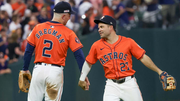 Jun 14, 2024; Houston, Texas, USA; Houston Astros third baseman Alex Bregman (2) and second baseman Jose Altuve (27) celebrate the win against the Detroit Tigers at Minute Maid Park Jun 14, 2024; Houston, Texas, USA; Houston Astros third baseman Alex Bregman (2) and second baseman Jose Altuve (27) celebrate the win against the Detroit Tigers at Minute Maid Park