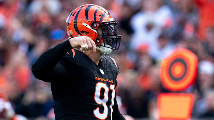 Cincinnati Bengals defensive end Trey Hendrickson (91) reacts after pressuring Las Vegas Raiders quarterback Desmond Ridder (10) who threw an incomplete pass in the fourth quarter of the NFL game at Paycor Stadium in Cincinnati on Sunday, Nov. 3, 2024.