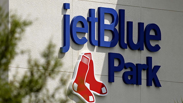 Mar 2, 2021; Fort Myers, Florida, USA; A general view of the stadium logo at JetBlue Park at Fenway South prior to the spring training game between the Boston Red Sox and the Tampa Bay Rays. Mandatory Credit: Jasen Vinlove-Imagn Images Mar 2, 2021; Fort Myers, Florida, USA; A general view of the stadium logo at JetBlue Park at Fenway South prior to the spring training game between the Boston Red Sox and the Tampa Bay Rays. Mandatory Credit: Jasen Vinlove-Imagn Images
