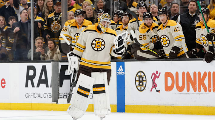 Toronto Maple Leafs v Boston Bruins: Bruins goaltender Jeremy Swayman challenges Maple Leafs goaltender Joseph Woll to a fight during the third period of the Bruins 4-1 victory over the Maple Leafs
