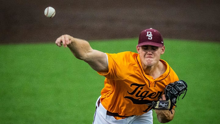 Dripping Springs pitcher Cooper Rummel pitches in the first inning as the Tigers take on the San Antonio Clark Cougars in the first game of the Class 6A Division II area round playoff series, May 8, 2025.