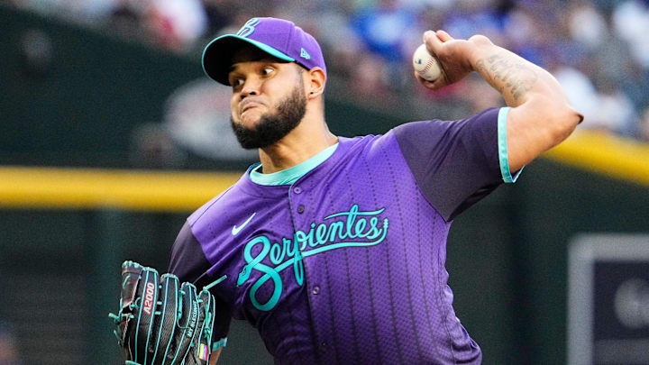 Arizona Diamondbacks starting pitcher Eduardo Rodriguez throws to the Los Angeles Dodgers in the first inning at Chase Field in Phoenix, on May 9, 2025.