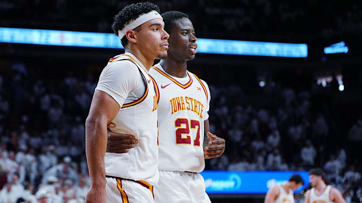 Iowa State Cyclones guard Tamin Lipsey (3) and Iowa State Cyclones forward Killyan Toure (27) celebrates after winning 69-72 over Baylor in the Big-12 men’s basketball on Feb. 7, 2026, at Hilton Coliseum in Ames, Iowa