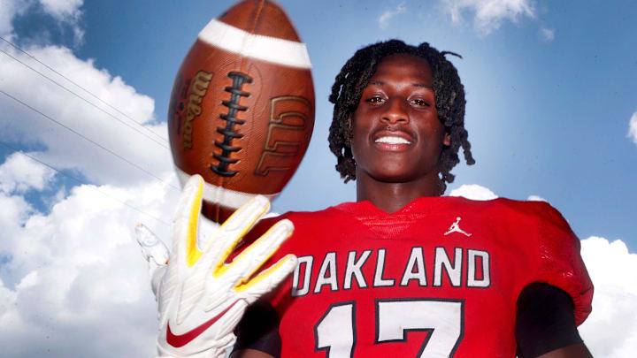 Oakland's senior running back Daune Morris, who was selected for the 2024 Dandy Dozen, poses for a portrait on Monday, July 15, 2024, at Oakland High School..