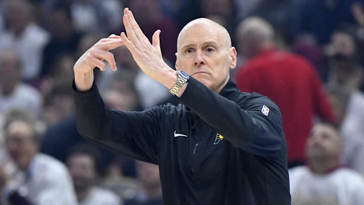 May 6, 2025; Cleveland, Ohio, USA; Indiana Pacers head coach Rick Carlisle calls a timeout in the first quarter against the Cleveland Cavaliers during game two of the second round of the 2025 NBA Playoffs at Rocket Arena. Mandatory Credit: David Richard-Imagn Images