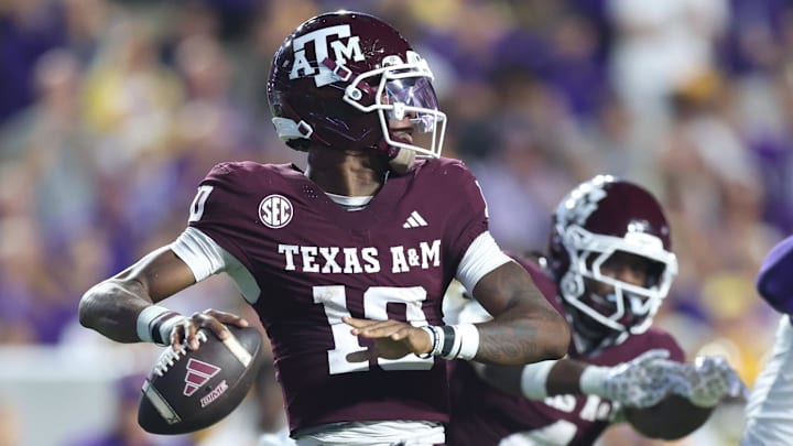 Oct 25, 2025; Baton Rouge, Louisiana, USA; Texas A&M Aggies quarterback Marcel Reed (10) drops to throw during the first half against the Louisiana State Tigers at Tiger Stadium. Mandatory Credit: Stephen Lew-Imagn Images Oct 25, 2025; Baton Rouge, Louisiana, USA; Texas A&M Aggies quarterback Marcel Reed (10) drops to throw during the first half against the Louisiana State Tigers at Tiger Stadium. Mandatory Credit: Stephen Lew-Imagn Images