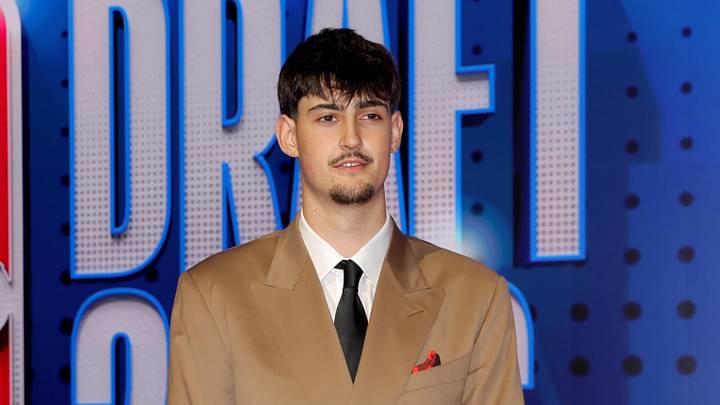Jun 23, 2026; New York, NY, USA; Draft prospect Aday Mara poses for photos on the red carpet before the 2026 NBA draft at Barclays Center. Mandatory Credit: Brad Penner-Imagn Images