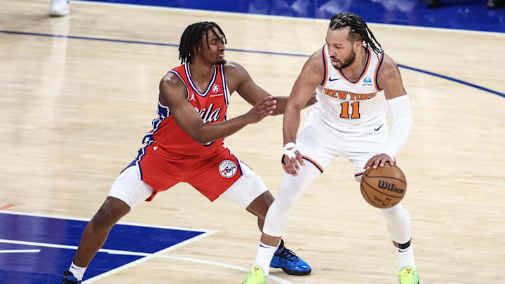 Apr 20, 2024; New York, New York, USA; New York Knicks guard Jalen Brunson (11) looks to drive past Philadelphia 76ers guard Tyrese Maxey (0) in the fourth quarter in game one of the first round for the 2024 NBA playoffs at Madison Square Garden. Mandatory Credit: Wendell Cruz-Imagn Images Apr 20, 2024; New York, New York, USA; New York Knicks guard Jalen Brunson (11) looks to drive past Philadelphia 76ers guard Tyrese Maxey (0) in the fourth quarter in game one of the first round for the 2024 NBA playoffs at Madison Square Garden. Mandatory Credit: Wendell Cruz-Imagn Images