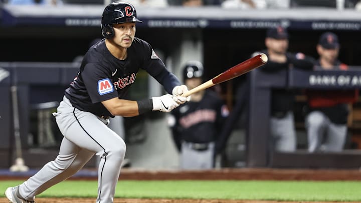 Aug 21, 2024; Bronx, New York, USA;  Cleveland Guardians left fielder Steven Kwan (38) at Yankee Stadium. Mandatory Credit: Wendell Cruz-Imagn Images