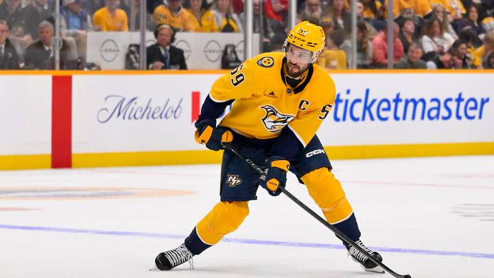 Mar 28, 2026; Nashville, Tennessee, USA; Nashville Predators defenseman Roman Josi (59) skates with the puck against the Montreal Canadiens during the third period at Bridgestone Arena. Mandatory Credit: Steve Roberts-Imagn Images Mar 28, 2026; Nashville, Tennessee, USA; Nashville Predators defenseman Roman Josi (59) skates with the puck against the Montreal Canadiens during the third period at Bridgestone Arena. Mandatory Credit: Steve Roberts-Imagn Images