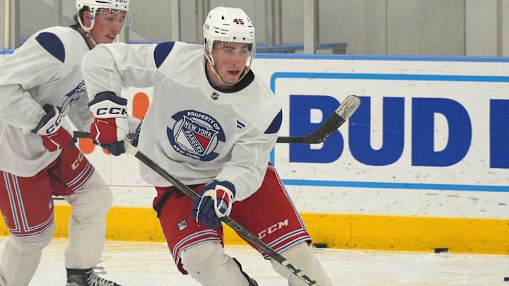 NY Rangers prospect Drew Fortescue of Pearl River at development camp at the MSG Training Center in Tarrytown July 1, 2025.