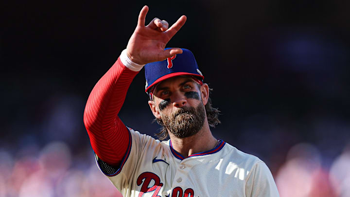 Oct 6, 2024; Philadelphia, Pennsylvania, USA; Philadelphia Phillies first base Bryce Harper (3) during game two of the NLDS for the 2024 MLB Playoffs against the New York Mets at Citizens Bank Park Oct 6, 2024; Philadelphia, Pennsylvania, USA; Philadelphia Phillies first base Bryce Harper (3) during game two of the NLDS for the 2024 MLB Playoffs against the New York Mets at Citizens Bank Park