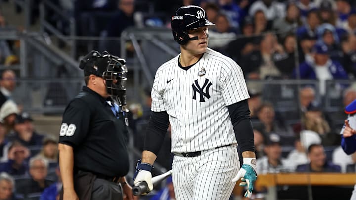 New York Yankees first baseman Anthony Rizzo reacts after striking out against the Los Angeles Dodgers in the second inning during game four of the 2024 MLB World Series at Yankee Stadium. New York Yankees first baseman Anthony Rizzo reacts after striking out against the Los Angeles Dodgers in the second inning during game four of the 2024 MLB World Series at Yankee Stadium.